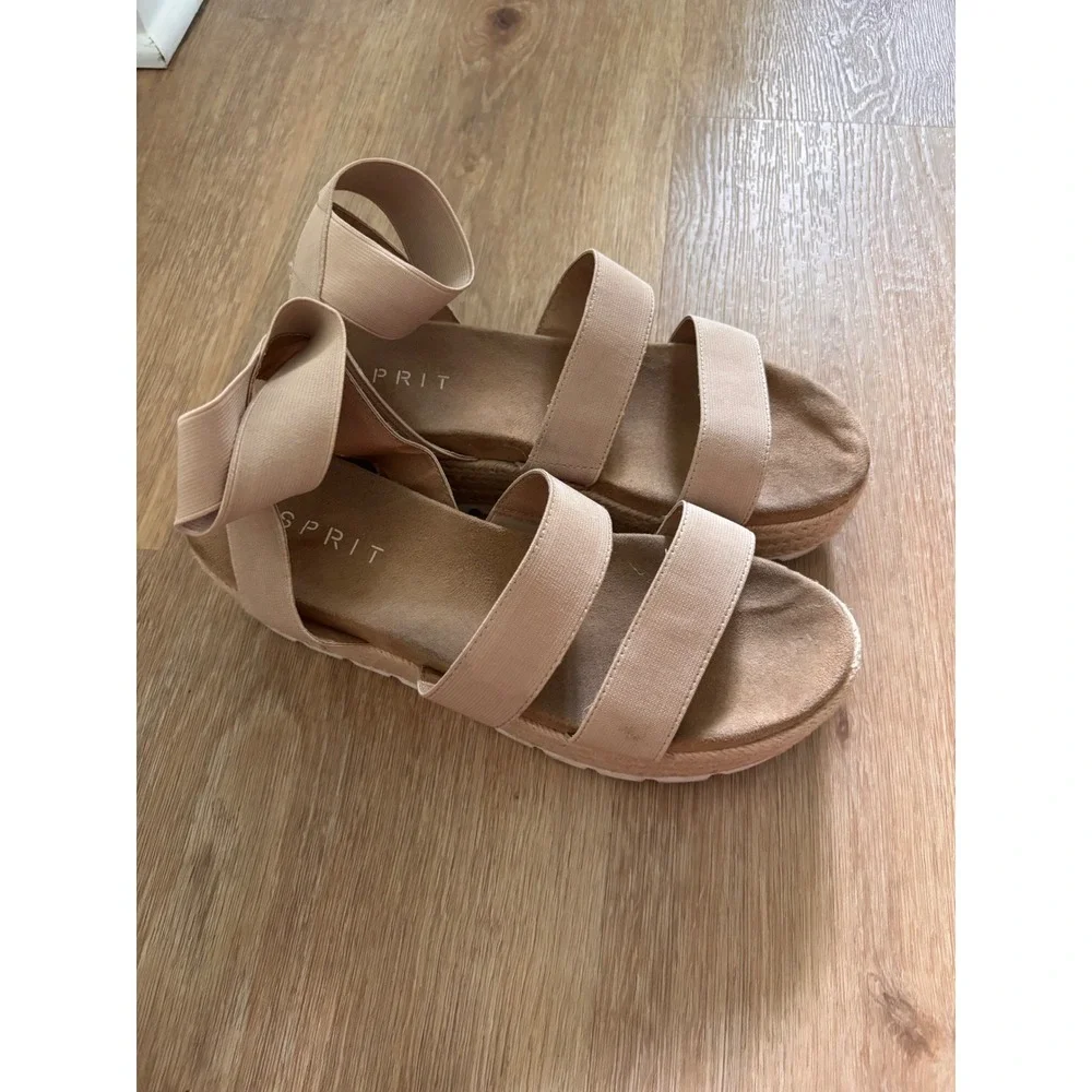 Esprit Beige Elastic Strap Espadrille Platform Wedge Sandals Sporty Boho-10